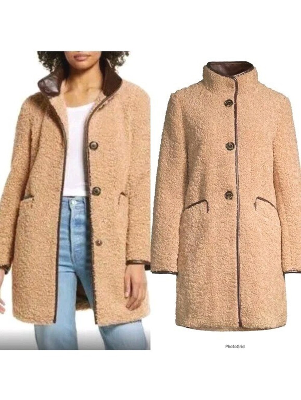 Sam Edelman Sherpa Teddy Coat Tan Faux Fur Womens M Medium Length Winter Jacket